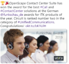 Unify's OpenScape Contact Center Suite has won the award for the Best Call and Contact Center solution at the German Funkschau Readers’ Awards.